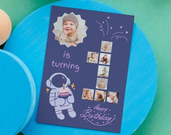 Baby's 1st Birthday Card Template Space Theme Editable Photo Birthday Card Babys First Birthday Party Invite Kids Custom Birthday Photo Gift