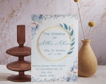 Botanical Wedding Invitation Template Blue Floral Printable Wedding Invite Floral Invite Canva Design Instant Download Printable Invitation