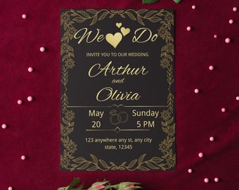 Wedding Invitation Template Printable Wedding Invite Black and Gold Theme Editable Wedding Stationery Canva DIY Save the Date Cards Template