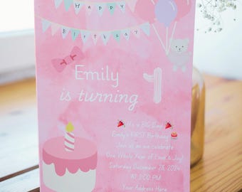 Girl's 1st Birthday Invitation Template Editable Digital Card Canva Design Baby's First Birthday Party DIY Pink Theme Card 1st Birthday Gift