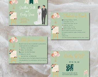 Wedding Invitation Template, Wedding Invite Templates Wedding RSVP QR Code Wedding Details Card Template DIY Wedding Stationery Suite Bundle