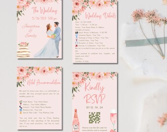 Wedding Invitation Template Wedding Invite Pink Floral Template RSVP QR Code Wedding Details Card Templates DIY Wedding Stationery Suite Set