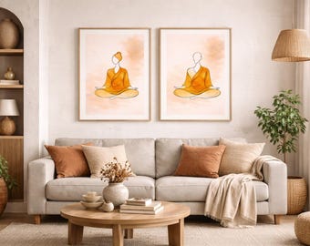 Minimalist Meditation Art Print | Zen Wall Art | Boho Spiritual Illustration | Mindfulness Yoga Decor | Orange Abstract Line Art