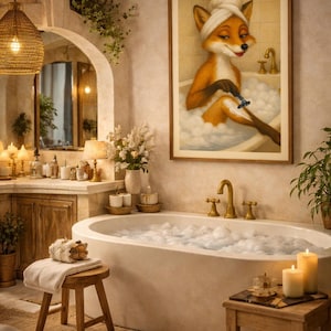 May include: A bathroom scene featuring a framed artwork of a fox in a bathtub. The room includes a white oval bathtub filled with bubbles, a wooden stool with a rolled towel, and lit candles. The decor includes a woven pendant light and a mirror.