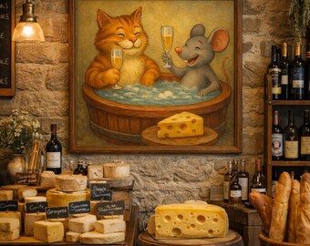 Lámina artística de un gato y un ratón: adorable ilustración de baño de animales, arte de pared acogedor para cuentos, decoración infantil