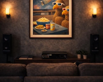 Funny Birds Movie Night Wall Art, Cozy Sci-Fi Illustration, Cute Animal Poster, Printable Home Decor, Gift for Movie Lovers