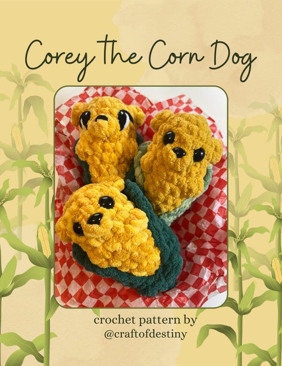 Corey the Corn Dog Crochet Pattern – Low-Sew Amigurumi PDF, Advanced Beginner Friendly Plush