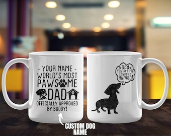 Benutzerdefinierte Dackel Becher, personalisierte Weenie Hund Papa Kaffeetasse, Wursthund Papa Tasse, lustiges Doxie Besitzer Geschenk, lustiges Papa Geschenk vom Dackel