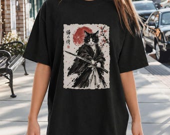 Samurai Cat Warrior Shirt, Japanese Cat Samurai Tee, Katana Cat Shirt, Warrior Cat T Shirt, Japanese Art, Sumi E Ink Design
