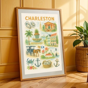 Charleston South Carolina Wall Art,Watercolor Digital Print, Southern Decor Printable Poster, Coastal Charleston Landmarks, Instant Download