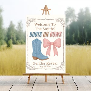 Boots or Bows Welcome Sign Printable, Western Gender Reveal Baby Shower Sign, Editable Canva Template, Pink Blue Party Decor, Cowboy Cowgirl