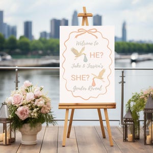 Gender Reveal Welcome Sign: Two Storks, Pink & Blue (24x36 Canva Template)