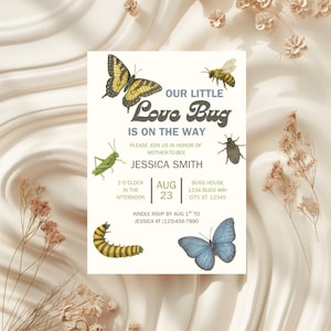 Nuestro pequeño bichito del amor está en camino, invitación editable para baby shower, temática de insectos adorables, plantilla de Canva, baby shower de género neutro, bichito de jardín