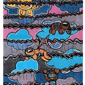 May include: A colorful illustration of cartoon characters hanging from barbed wire. The characters are a yellow flower, a brown bear, an orange lizard, and a blue ninja. The background is a pink, blue, and gray color.