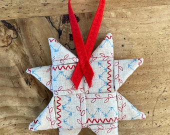 Scandinavian Star Ornament - Embroidered Natural Cotton - Blue and Red Star