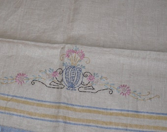 1940s Vintage Linen~Hand Embroidered~Linen Dish Towel~Unused Tea Towel