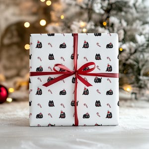 Mini Black Cats Christmas Wrapping Paper | Candy Cane Gift Wrap | Cute Satin Holiday Paper | Cat Lover Present Wrap | 3 Sizes