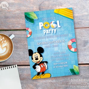 Invitación de cumpleaños de Mickey Mouse, Invitación de cumpleaños de Disney, Fiesta en la piscina de Mickey, Invitaciones de cumpleaños con barbacoa, Archivo digital, Invitación digital