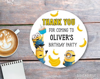 Adesivo per bomboniere Minions, etichetta circolare personalizzata Cattivissimo me, adesivo digitale personalizzato per bomboniere di compleanno, festa Minions, file digitale