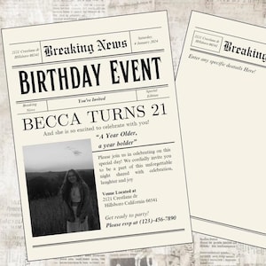 Newspaper Birthday Invitation, Birthday invite, Vintage newspaper invitation, Printable invite, customized invitation, newspaper aesthetic