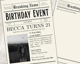 Newspaper Birthday Invitation, Birthday invite, Vintage newspaper invitation, Printable invite, customized invitation, newspaper aesthetic