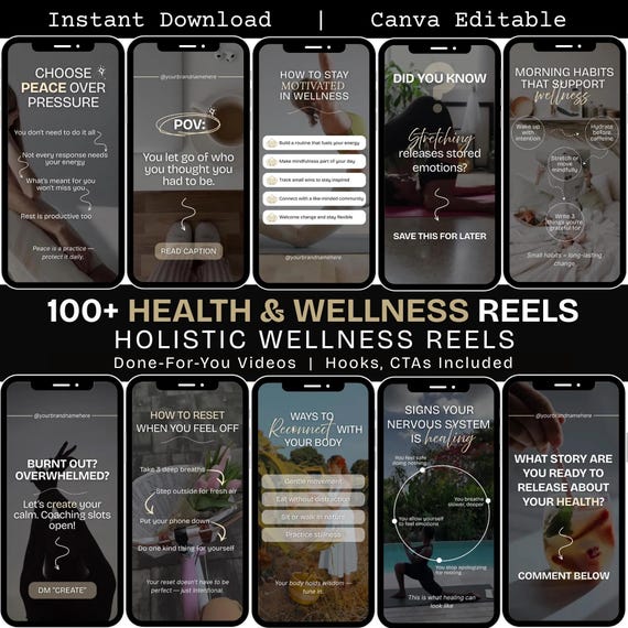 Wellness Instagram Reels Templates, Holistic Coach Reels Canva, Faceless Marketing Reels Social Media Reel Videos for Wellness Coaches