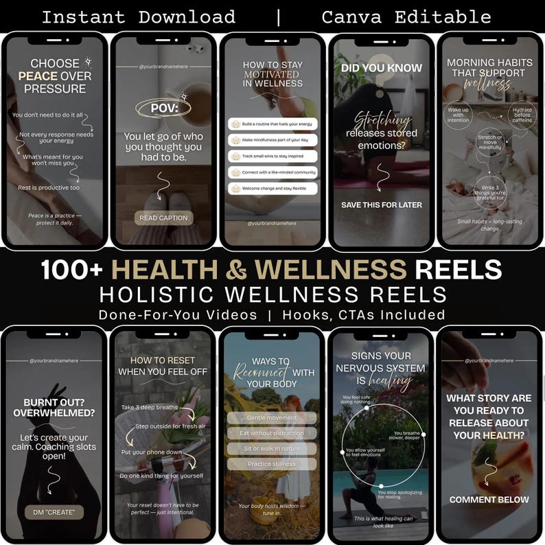 Wellness Instagram Reels templates for holistic coaches, faceless marketing social media videos, customizable Canva reels for wellness professionals, perfect for Instagram growth, easy-to-edit reel video designs for health coaches, self-care and mindfulness promotion, digital download for social media marketing, boost engagement with professional wellness reels