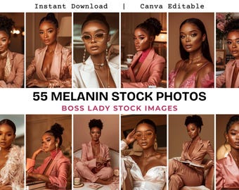 Fotos de mulheres negras com pele morena, incluindo imagens de mulheres negras com IA, imagens estéticas em tons de rosa e fotos estéticas sem rosto.