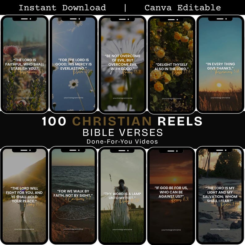 Puede incluir: Un producto digital con 100 Reels cristianos con vers&iacute;culos b&iacute;blicos. La imagen muestra maquetas de tel&eacute;fonos inteligentes con citas inspiradoras y fondos naturales. El texto incluye "Descarga instant&aacute;nea" y "Editable en Canva."
