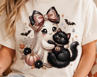 PNG de garotas fantasmas de Halloween, PNG de gato preto com abóbora, design fofo e assustador para camiseta de Halloween, sublimação gótica de outono, download digital
