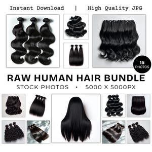 May include: A selection of black raw human hair bundles in different styles, including wavy, straight, and curly textures. The image features the text "RAW HUMAN HAIR BUNDLE" and "STOCK PHOTOS".