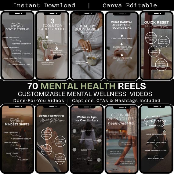 Mental Health Reel Video, Stress Management, Trauma Healing Content for Wellness Coaches Therapist Social Media Templates, Canva Reel