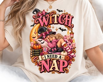 Desenhos de camisetas de bruxas em PNG para o Halloween, designs de sublimação de bruxa sonolenta, PNG da Rainha da Soneca, PNG de camisetas com gráficos de Halloween