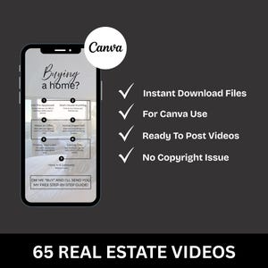May include: A mobile phone screen shows a real estate guide with the question "Buying a home?" and a step-by-step process. The image also includes the Canva logo, checkmarks, and text: "Instant Download Files," "For Canva Use," "Ready To Post Videos," and "No Copyright Issue."