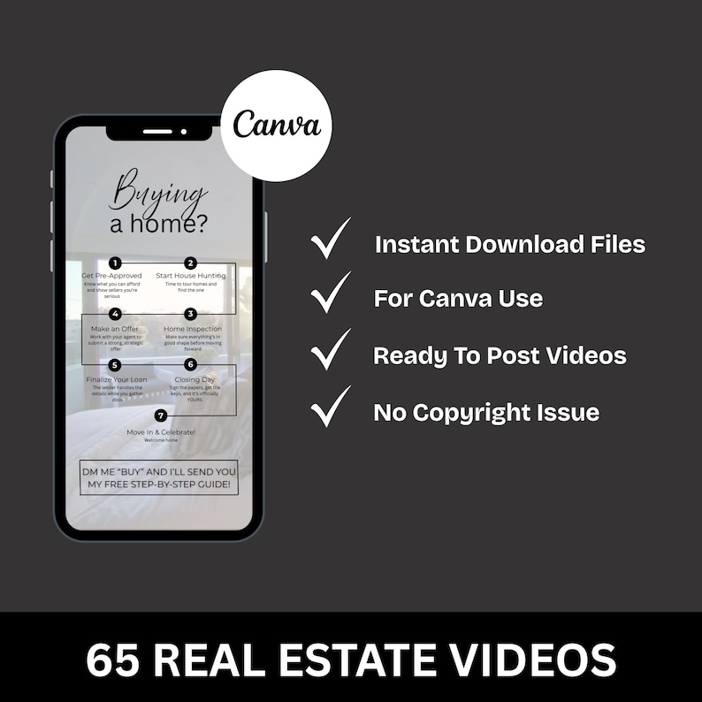 May include: A mobile phone screen shows a real estate guide with the question "Buying a home?" and a step-by-step process. The image also includes the Canva logo, checkmarks, and text: "Instant Download Files," "For Canva Use," "Ready To Post Videos," and "No Copyright Issue."