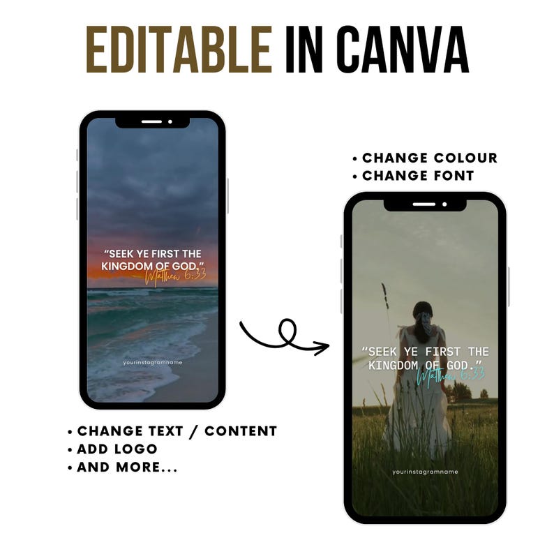 Puede incluir: Dos smartphones que muestran plantillas de historias de Instagram. Uno muestra una escena de playa al atardecer con el texto "SEEK YE FIRST THE KINGDOM OF GOD." El otro muestra a una persona en un campo. Incluye "EDITABLE IN CANVA".