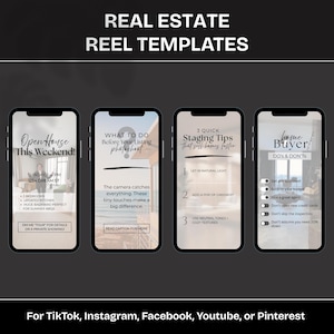 May include: A graphic showing four smartphone screens with real estate reel templates. The templates provide advice on open houses, photoshoots, staging, and home buying. Text includes "Open House This Weekend!" and "Home Buyer DO's & DON'Ts."