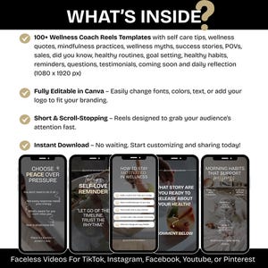 K&ouml;nnte beinhalten: Werbebild f&uuml;r Wellness-Coach-Reels-Vorlagen. Das Bild zeigt mehrere Smartphones, die Reel-Beispiele mit Text wie "Choose Peace Over Pressure" und "How to Stay Motivated in Wellness" anzeigen. Der Text erw&auml;hnt auch "Instant Download."