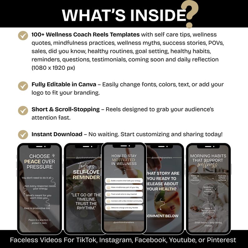 K&ouml;nnte beinhalten: Werbebild f&uuml;r Wellness-Coach-Reels-Vorlagen. Das Bild zeigt mehrere Smartphones, die Reel-Beispiele mit Text wie "Choose Peace Over Pressure" und "How to Stay Motivated in Wellness" anzeigen. Der Text erw&auml;hnt auch "Instant Download."