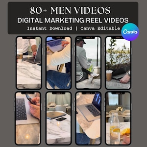 以下が含まれることがあります： 「80+ MEN VIDEOS」と「DIGITAL MARKETING REEL VIDEOS」のテキストが入ったデジタルマーケティングリールビデオテンプレート。画像には、ラップトップやその他のデバイスを使用している人々の複数の電話画面が表示されています。Canvaのロゴが表示されています。