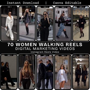 May include: A digital marketing product featuring 70 walking reels videos. The image displays diverse fashion styles, with models in various outfits. Text on the image reads "70 WOMEN WALKING REELS DIGITAL MARKETING VIDEOS Instagram Reels Video."