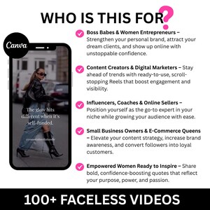 May include: A promotional graphic for Canva featuring a smartphone displaying a fashion image. Text includes "WHO IS THIS FOR?" and lists target audiences like entrepreneurs and content creators. The image also promotes "100+ FACELESS VIDEOS."