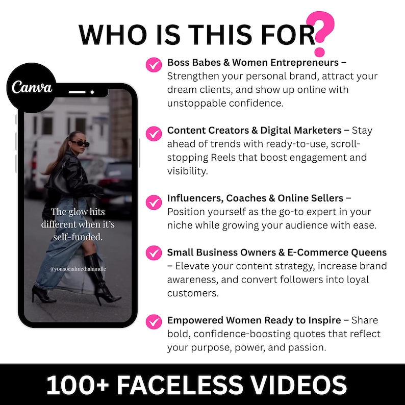 May include: A promotional graphic for Canva featuring a smartphone displaying a fashion image. Text includes "WHO IS THIS FOR?" and lists target audiences like entrepreneurs and content creators. The image also promotes "100+ FACELESS VIDEOS."