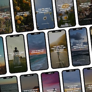 Puede incluir: Una colecci&oacute;n de tel&eacute;fonos inteligentes que muestran citas inspiradoras y vers&iacute;culos b&iacute;blicos sobre fondos esc&eacute;nicos. Las pantallas presentan varios colores e im&aacute;genes, incluyendo flores, paisajes y personas. Las citas est&aacute;n en texto blanco.