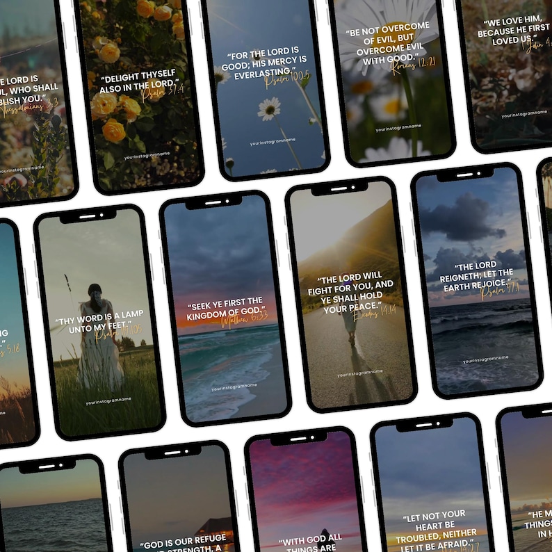 Puede incluir: Una colecci&oacute;n de tel&eacute;fonos inteligentes que muestran citas inspiradoras y vers&iacute;culos b&iacute;blicos sobre fondos esc&eacute;nicos. Las pantallas presentan varios colores e im&aacute;genes, incluyendo flores, paisajes y personas. Las citas est&aacute;n en texto blanco.