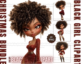 Pacote de clipart de Natal de menina negra, gráficos de menina negra da moda, mulher negra, natal, png, clipart de diário de lixo para download