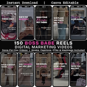 May include: A digital marketing product featuring 150 Boss Babe Reels. The image displays mockups of phone screens with motivational quotes and business tips. The product includes done-for-you videos, hooks, captions, CTAs, and hashtags.