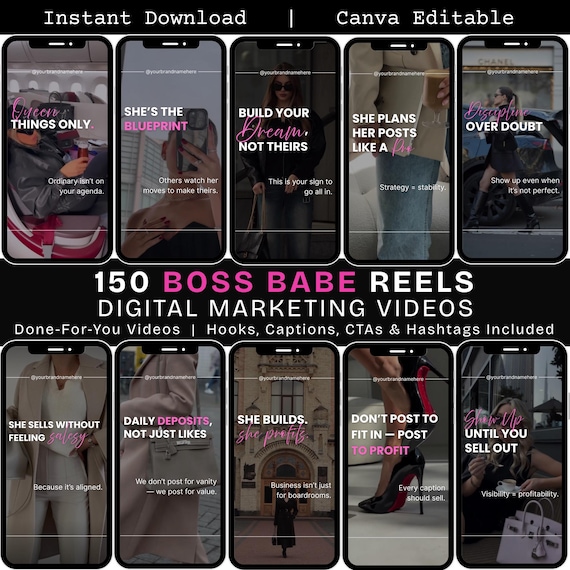Boss Babe Videos Done-For-You Instagram Reels with Captions Faceless Digital Marketing Videos Luxury Reels Editable Canva Bundl, DFY Reels