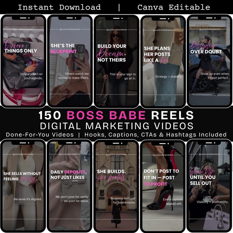 Boss Babe done-for-you Instagram Reels with captions, faceless digital marketing videos, luxury editable Canva reels bundle, DFY Instagram marketing content for female entrepreneurs, social media growth videos, customizable reels for personal branding, high-converting Instagram video templates for women bosses