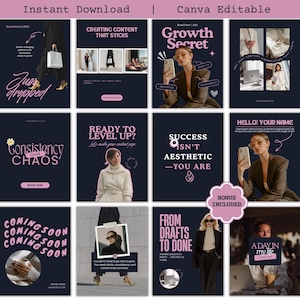 May include: A collection of Canva editable templates with a dark blue background and pink accents. The templates feature text like "Growth Secret," "Consistency Over Chaos," and "From Drafts to Done." Images of people and objects are included.